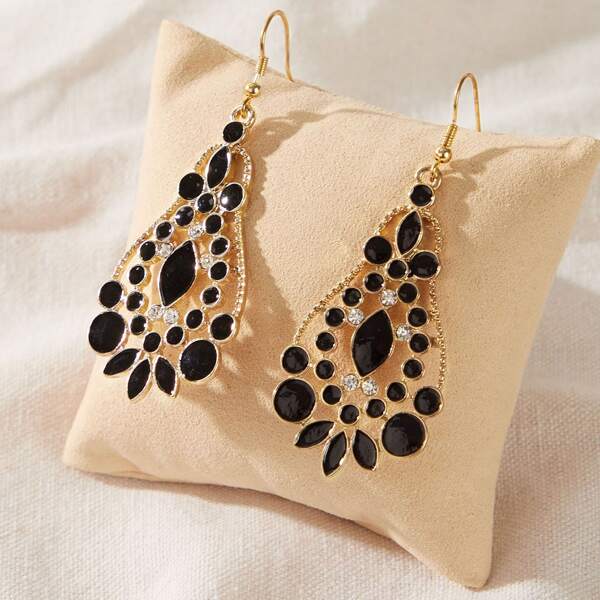 

1pair Gemstone Engraved Geometric Drop Earrings, Gold