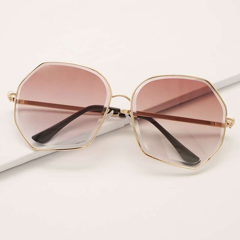 

Polygon Metal Frame Sunglasses With Case, Brown