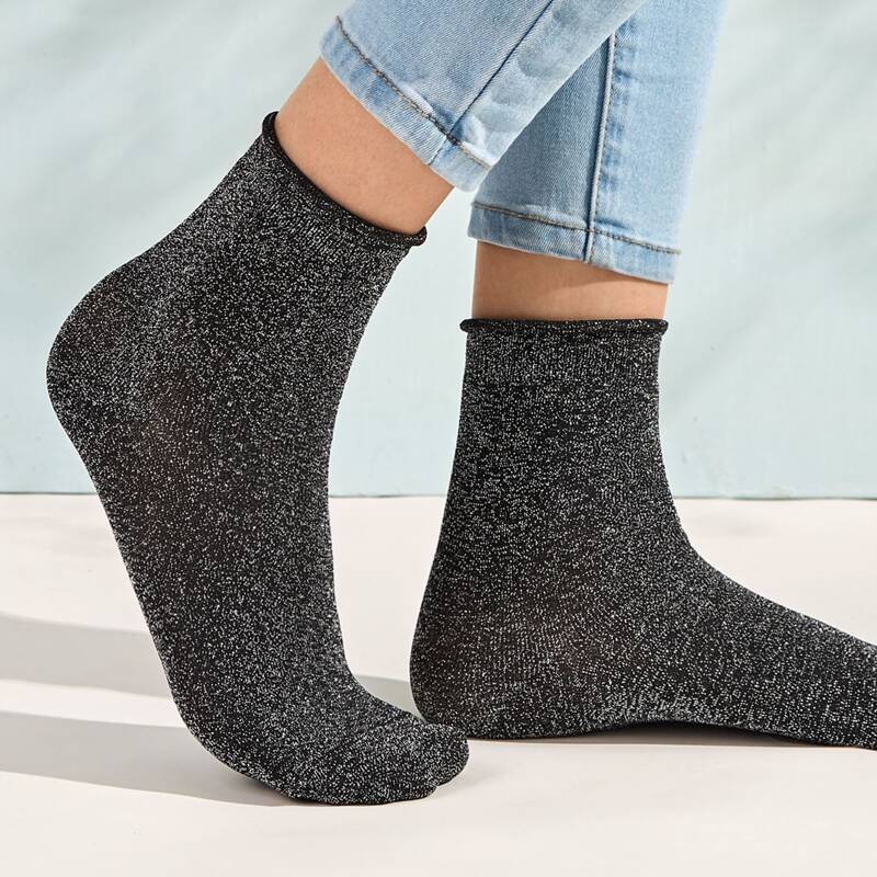 

1pair Solid Glitter Socks, Black