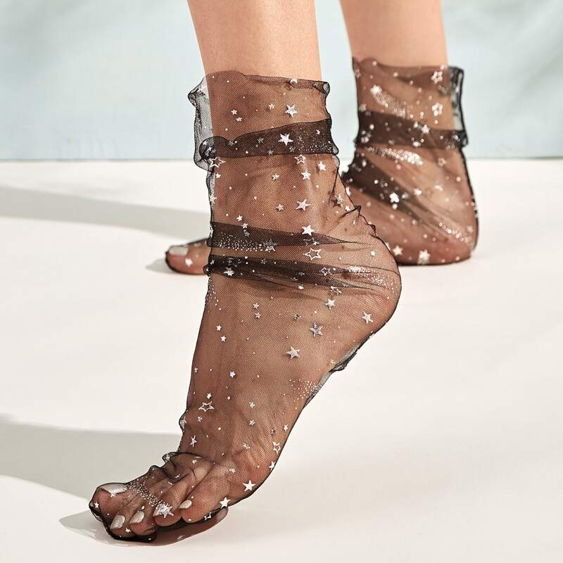 

1pair Star Pattern Slouchy Mesh Socks, Black