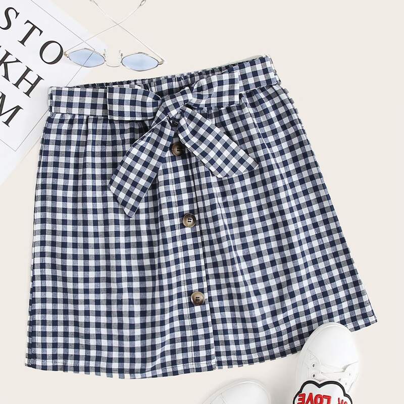 

Self Belted Buttoned Front Gingham Skirt, Navy blue