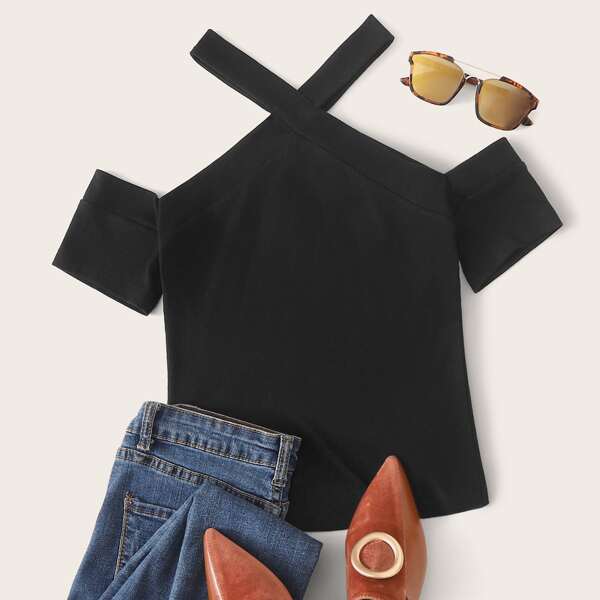 

Cold Shoulder Rib-knit Halter Top, Black