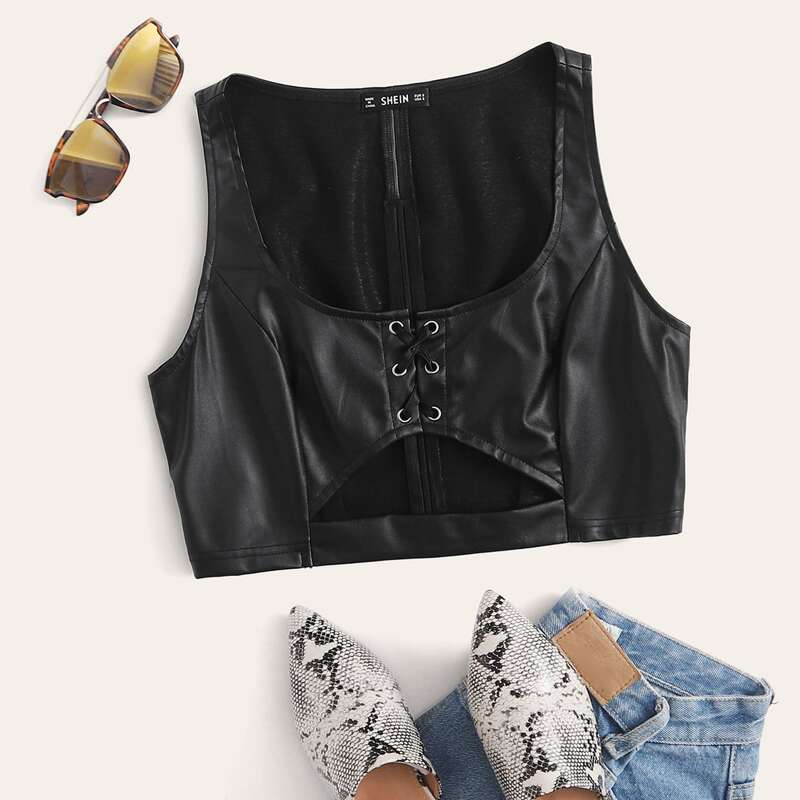 

Eyelet Lace Up Cut-out PU Crop Tank Top, Black