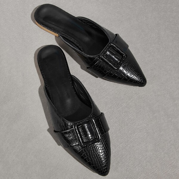 

Point Toe Croc Embossed Flat Mules, Black