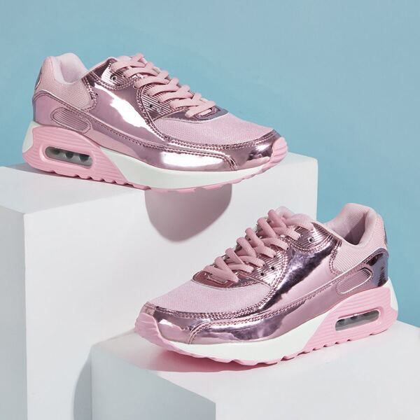 

Patent Panel Lace-up Chunky Sneakers, Pink
