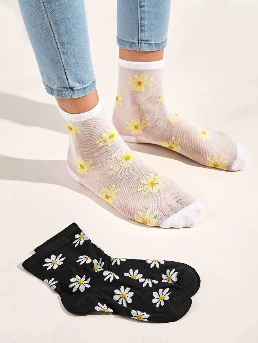 2pairs Daisy Print Mesh Socks - Black and White - View 1