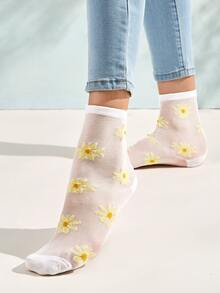 2pairs Daisy Print Mesh Socks - Black and White - View 2