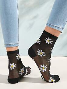 2pairs Daisy Print Mesh Socks - Black and White - View 3