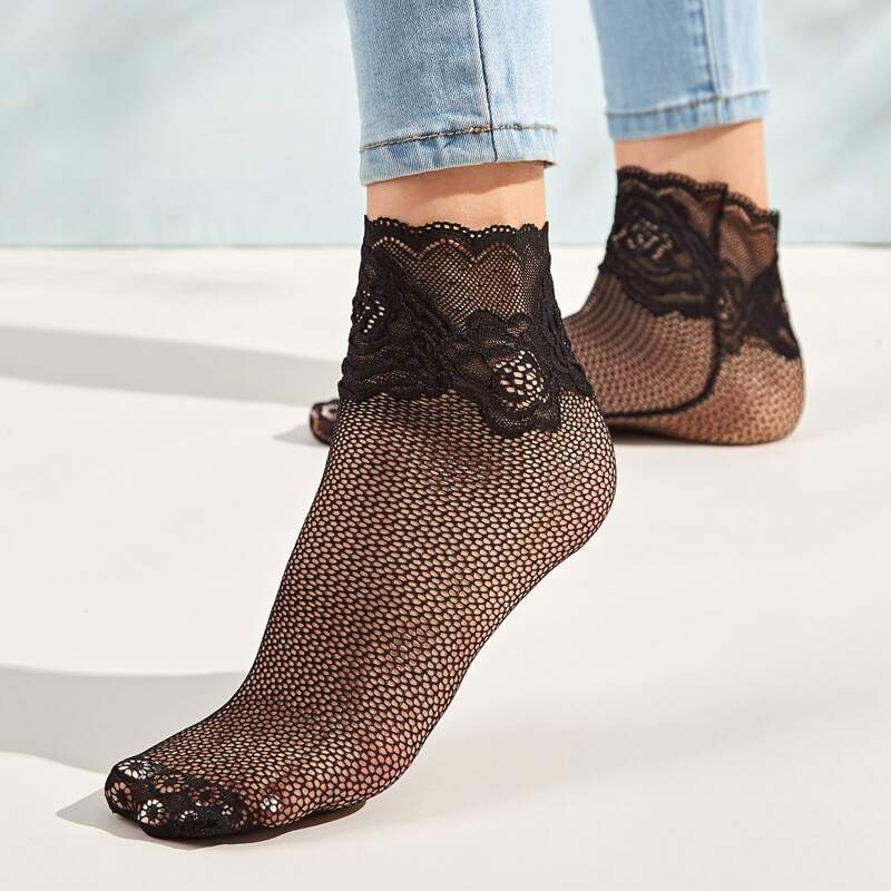 

1pair Floral Fishnet Socks, Black