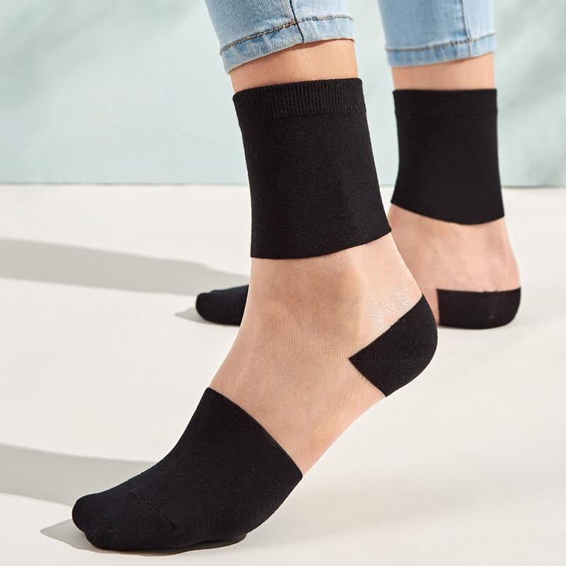 

1pair Contrast Mesh Socks, Black