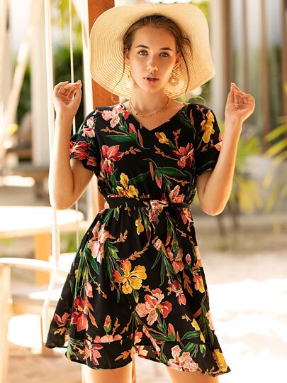 Self Tie Floral Print Dress