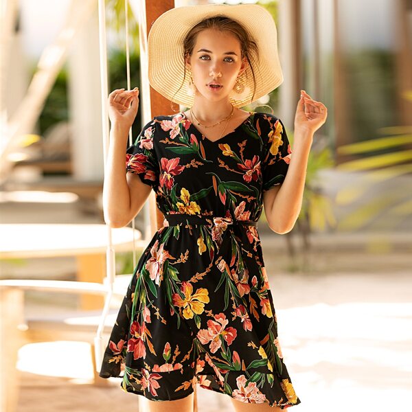 

Self Tie Floral Print Dress, Black