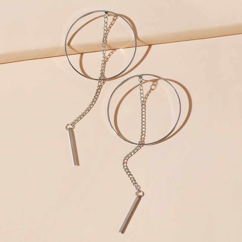 

1pair Chain Hoop Drop Earrings, Silver