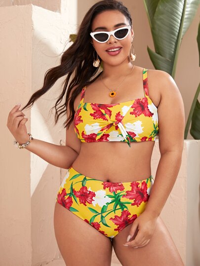 Plus Floral Knot Front High Waisted Bikini
