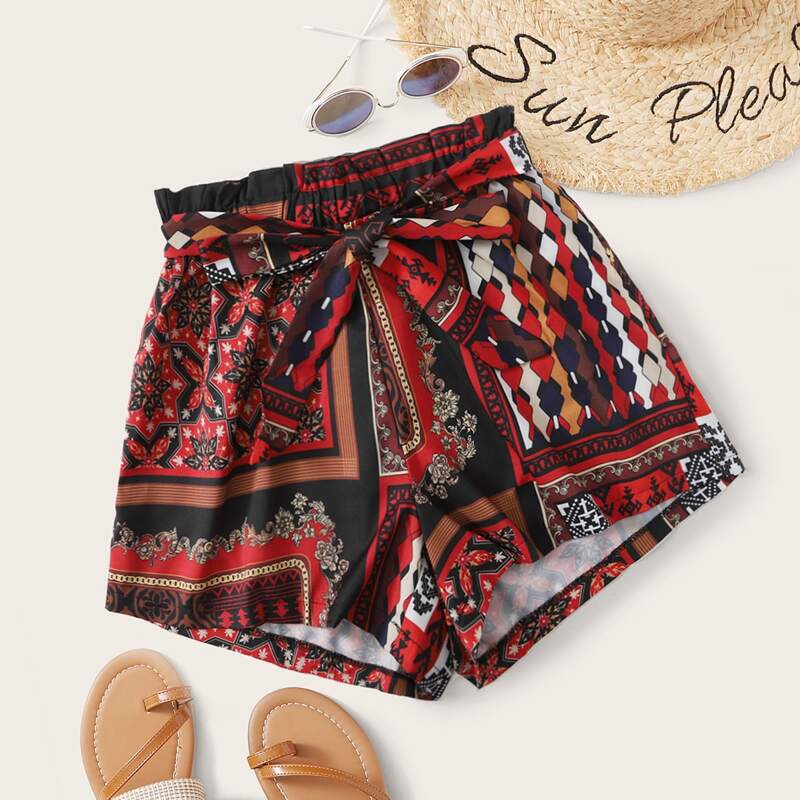 

Tribal Print Belted Shorts, Multicolor