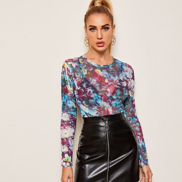 

Allover Floral Print Sheer Mesh Top, Multicolor