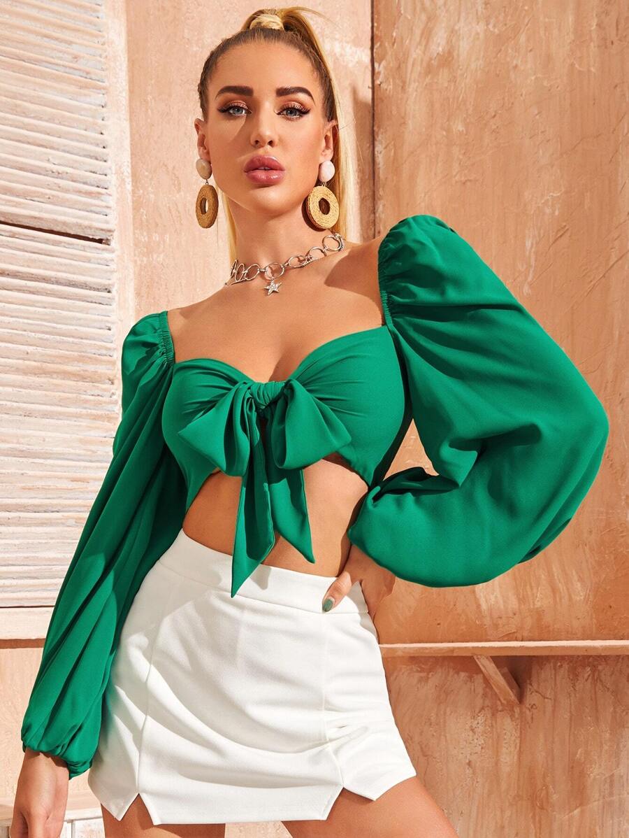 SHEIN VCAY Tie Front Blouson Sleeve Crop Milkmaid Top - Green - View 1