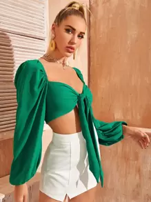 SHEIN VCAY Tie Front Blouson Sleeve Crop Milkmaid Top - Green - View 3