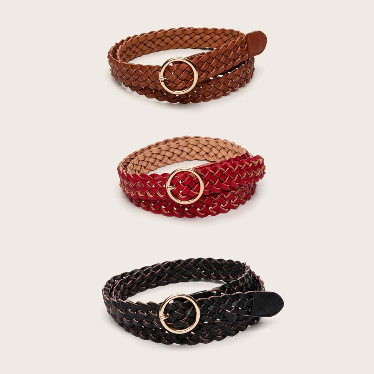 

3pcs Solid Woven PU Belt, Multicolor