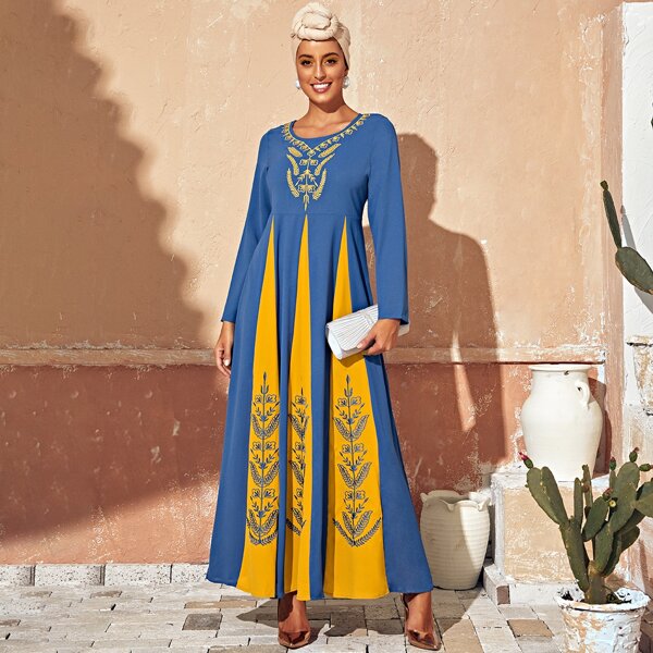 

Tribal Embroidery Godet Maxi Dress, Blue