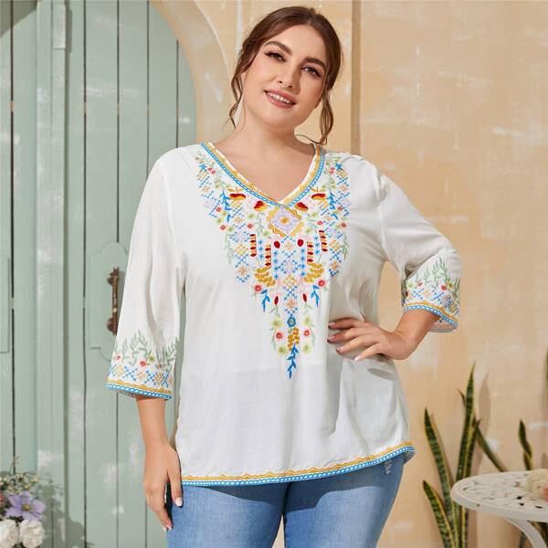 

Plus Floral And Tribal Embroidered Blouse, White