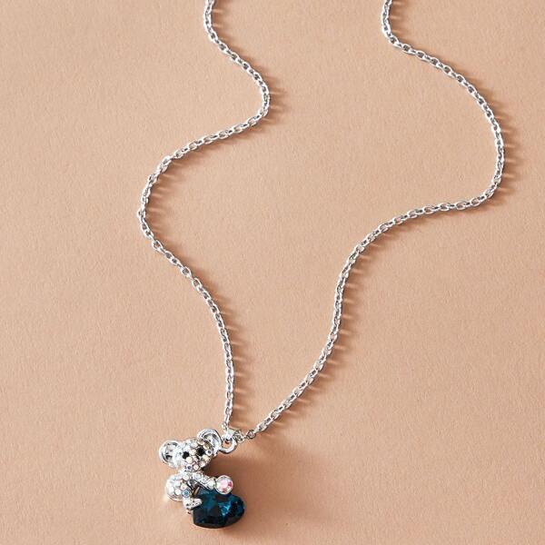 

1pc Rhinestone Engraved Koala Charm Necklace, Silver