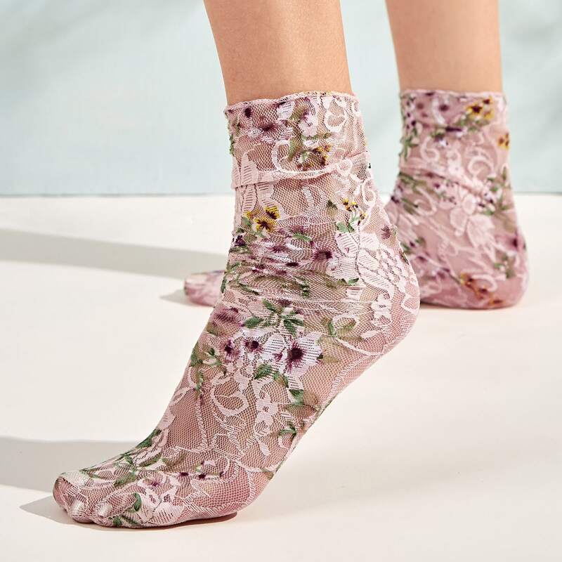 

1pair Ditsy Floral Pattern Mesh Socks, Pink