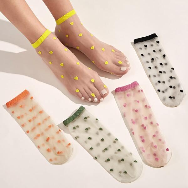 

5pairs Heart Pattern Mesh Socks, Multicolor