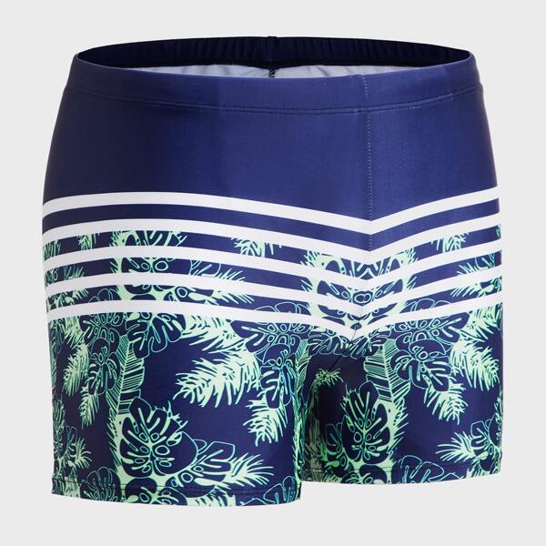

Men Striped Tropical Print Swim Trunks, Navy