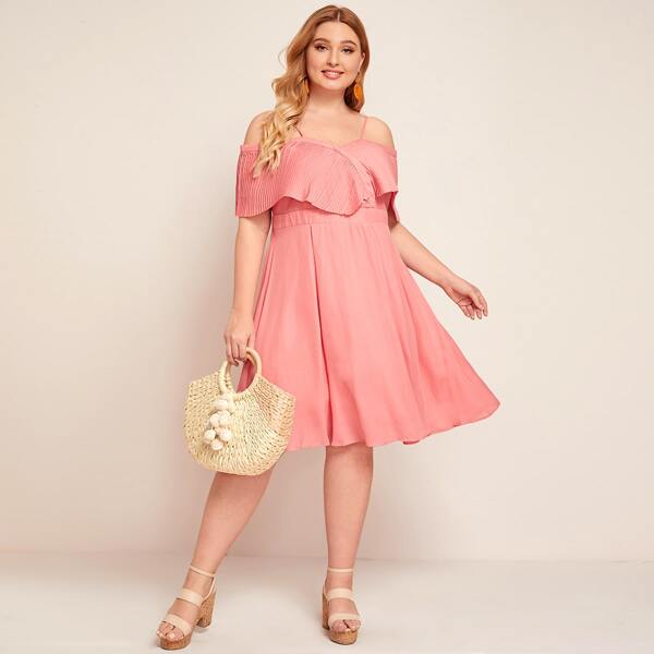 

Plus Cold Shoulder Pleated Overlap Dress, Pink