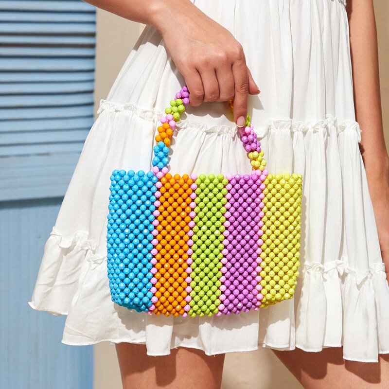 

Striped Pattern Beaded Satchel Bag, Multicolor