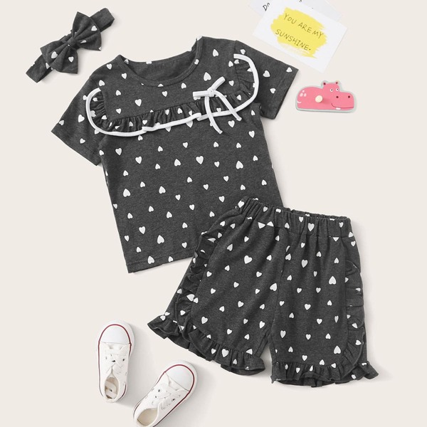 

Повязка на голову, шорты и футболка с оборками, принтом сердечка для девочек, Серые