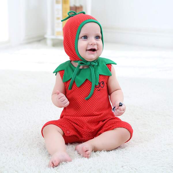 

Baby Girl Polka Dot 3D Leaves Design Jumpsuit & Hat, Red