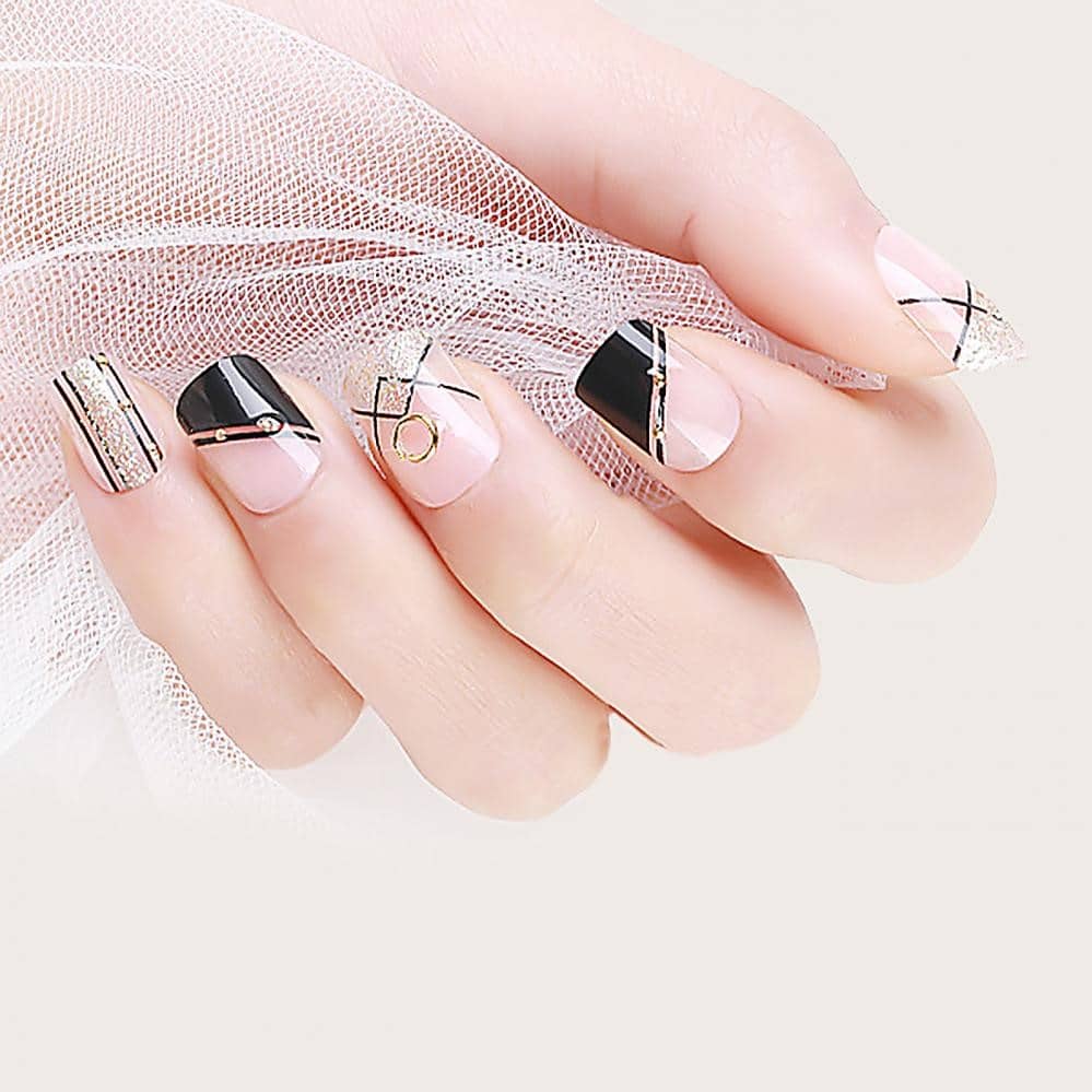 

24pcs Glitter Fake Nails & Double Sided Tape & Manicure, Multicolor