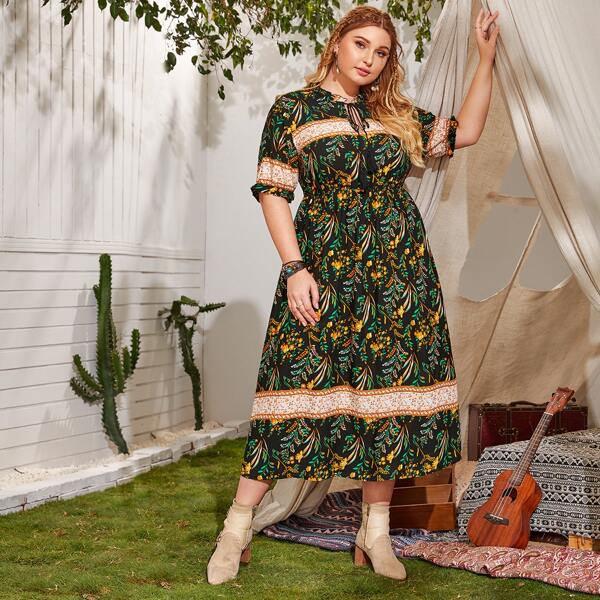 

Plus Plants & Tribal Print Knot Front A-line Dress, Multicolor
