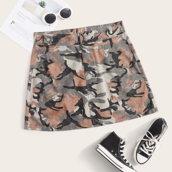 

Plus Camo Print Pocket Detail Denim Skirt, Multicolor
