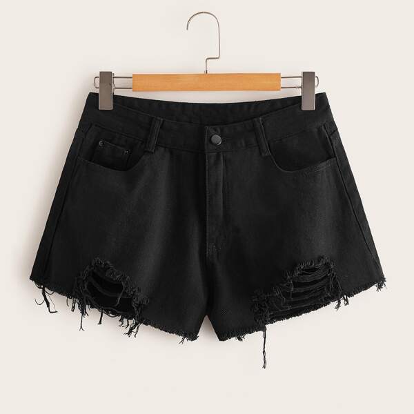 

Plus Solid Ripped Raw Hem Denim Shorts, Black
