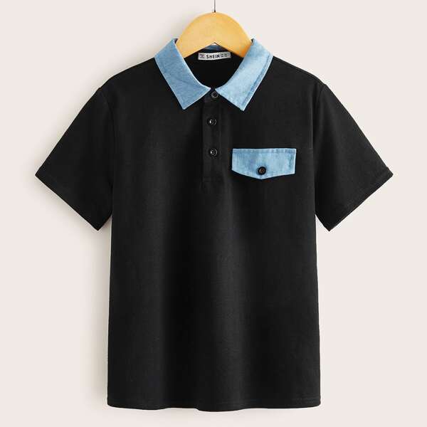 

Boys Contrast Collar Polo Shirt, Black