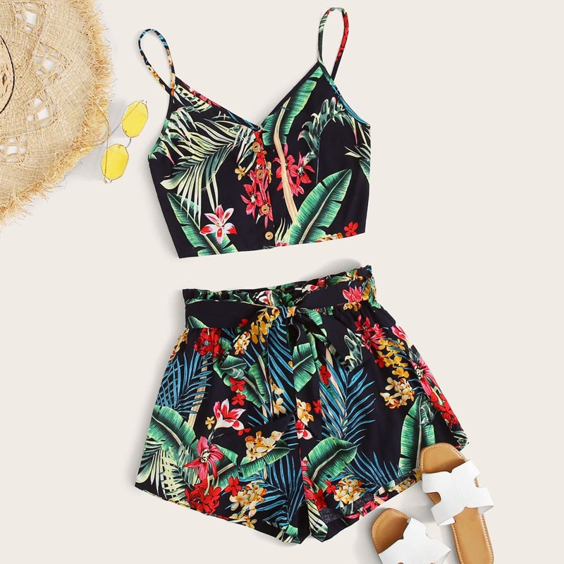 

Tropical Print Cami Top & Belted Wide Leg Shorts Set, Multicolor