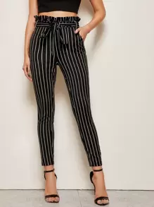 SHEIN Paperbag Waist Belted Striped Trousers - Black - View 1