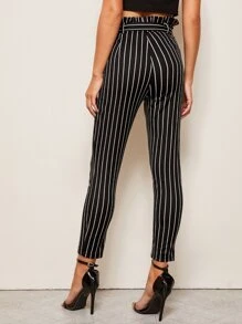 SHEIN Paperbag Waist Belted Striped Trousers - Black - View 2