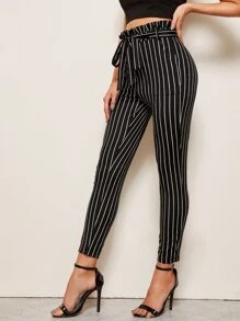 SHEIN Paperbag Waist Belted Striped Trousers - Black - View 3