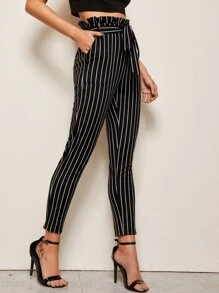SHEIN Paperbag Waist Belted Striped Trousers - Black - View 4