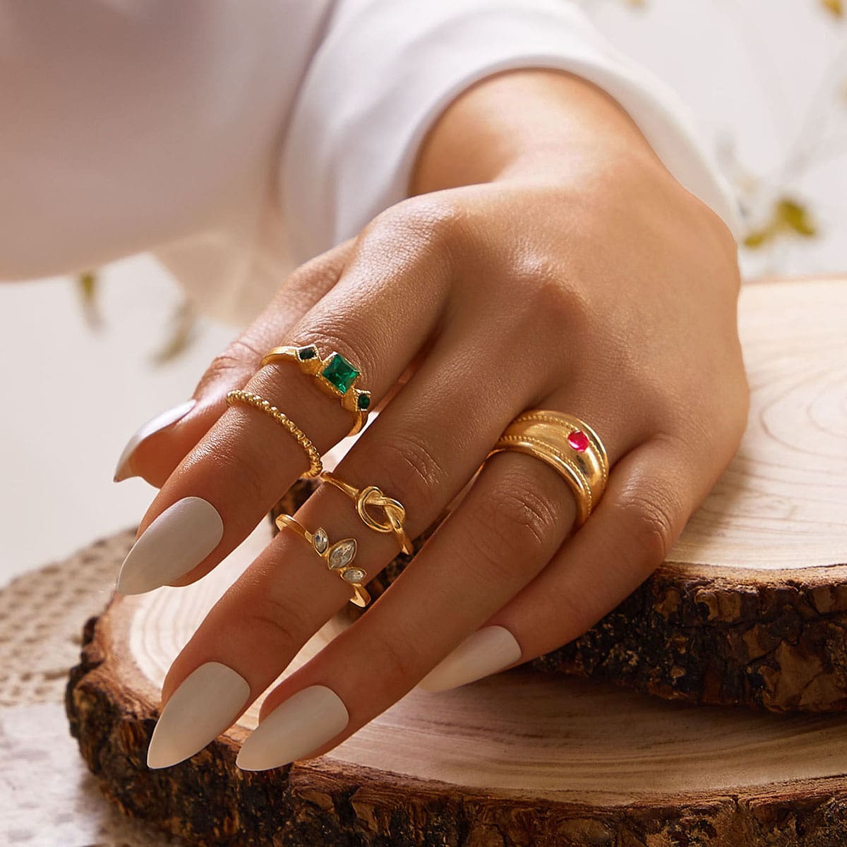 

5pcs Rhinestone Engraved & Knot Decor Ring, Gold