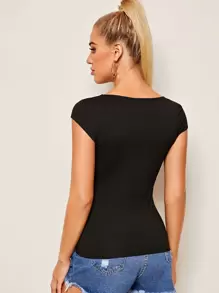 SHEIN Essnce Áo thun màu trơn màu đen Thanh lịch - màu đen - Xem 2