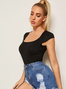 SHEIN Essnce Áo thun màu trơn màu đen Thanh lịch - màu đen - Xem 3