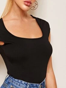 SHEIN Essnce Áo thun màu trơn màu đen Thanh lịch - màu đen - Xem 5