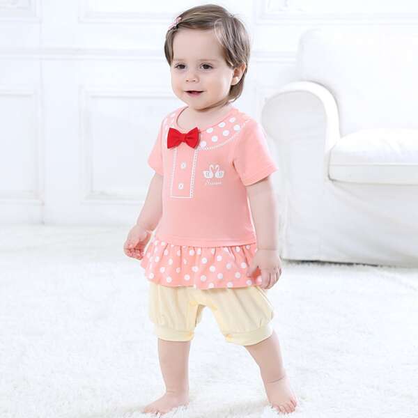 

Baby Girl Polka Dot Bow Front 2 In 1 Jumpsuit, Pink