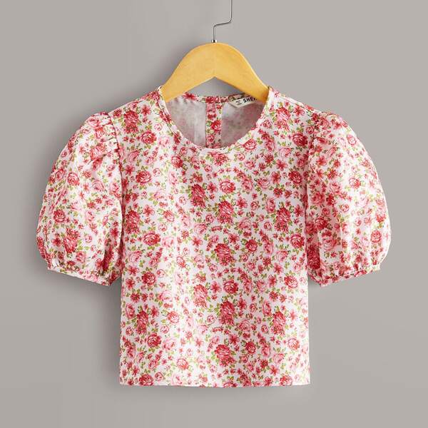 

Girls Buttoned Back Puff Sleeve Floral Print Top, Multicolor