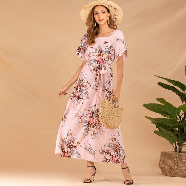 

Petal Sleeve Self Tie Floral Dress, Pink